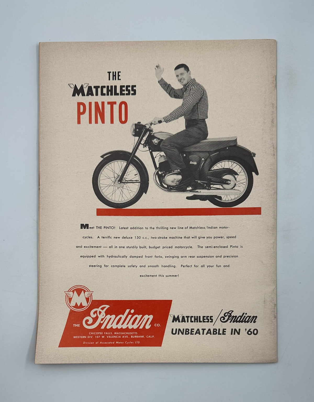 Advertisement page from Cycle Magazine August 1960 for the Matchless Pinto motorcycle with a man posing beside the bike.