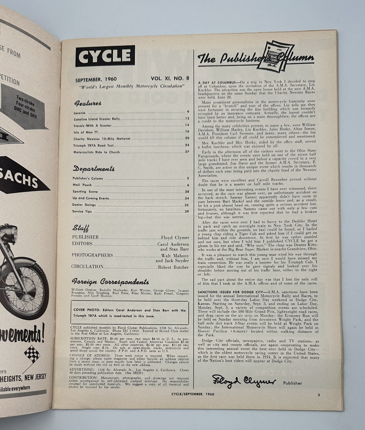 Cycle Magazine September 1960 featuring Publisher's Column with details from Floyd Clymer, showcasing contents like Laconia and Isle of Man TT.