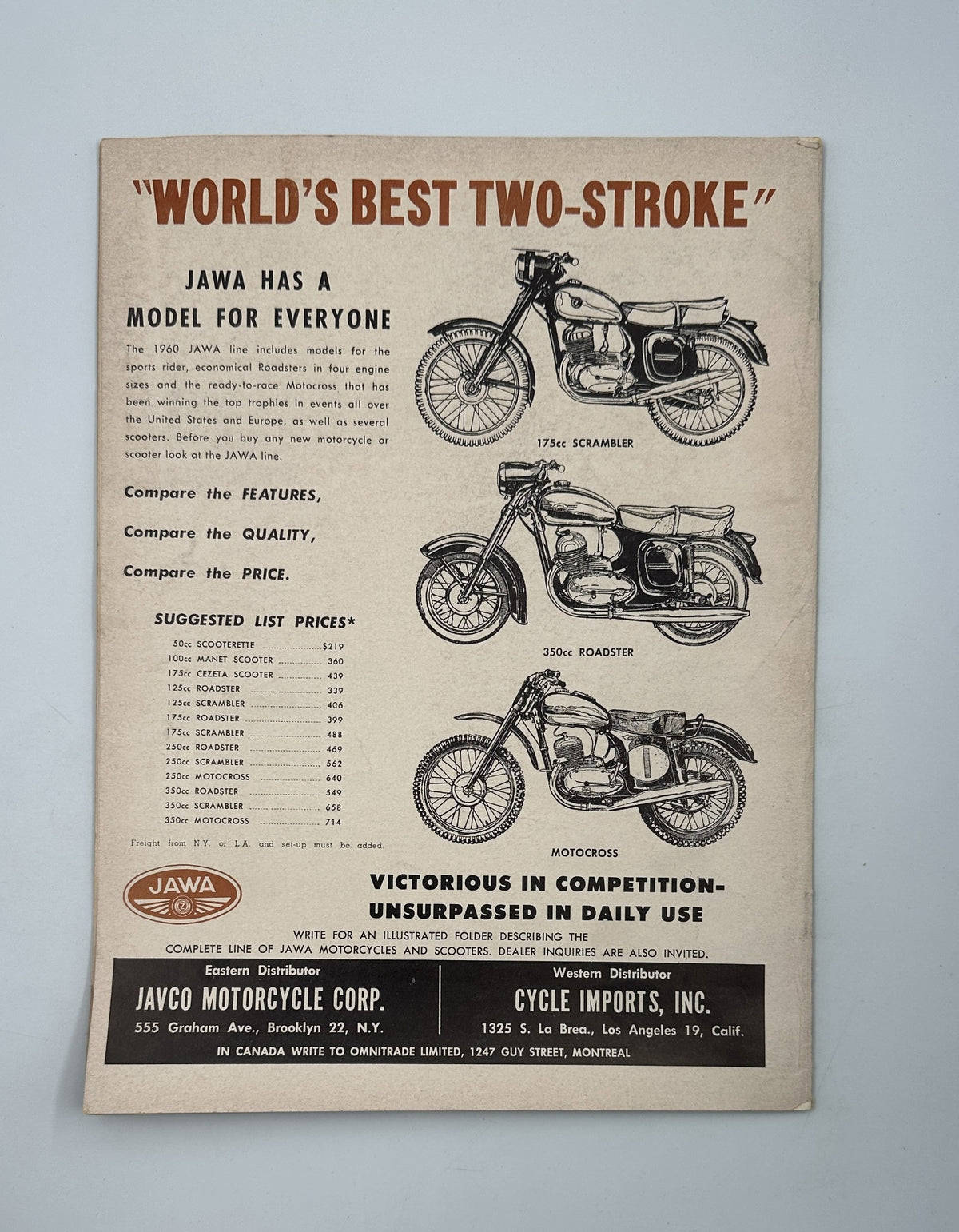 Cycle Magazine September 1960 advertisement highlighting Jawa motorcycles, emphasizing 'World's Best Two-Stroke' with models including 175cc Scrambler and 250cc Roadster.