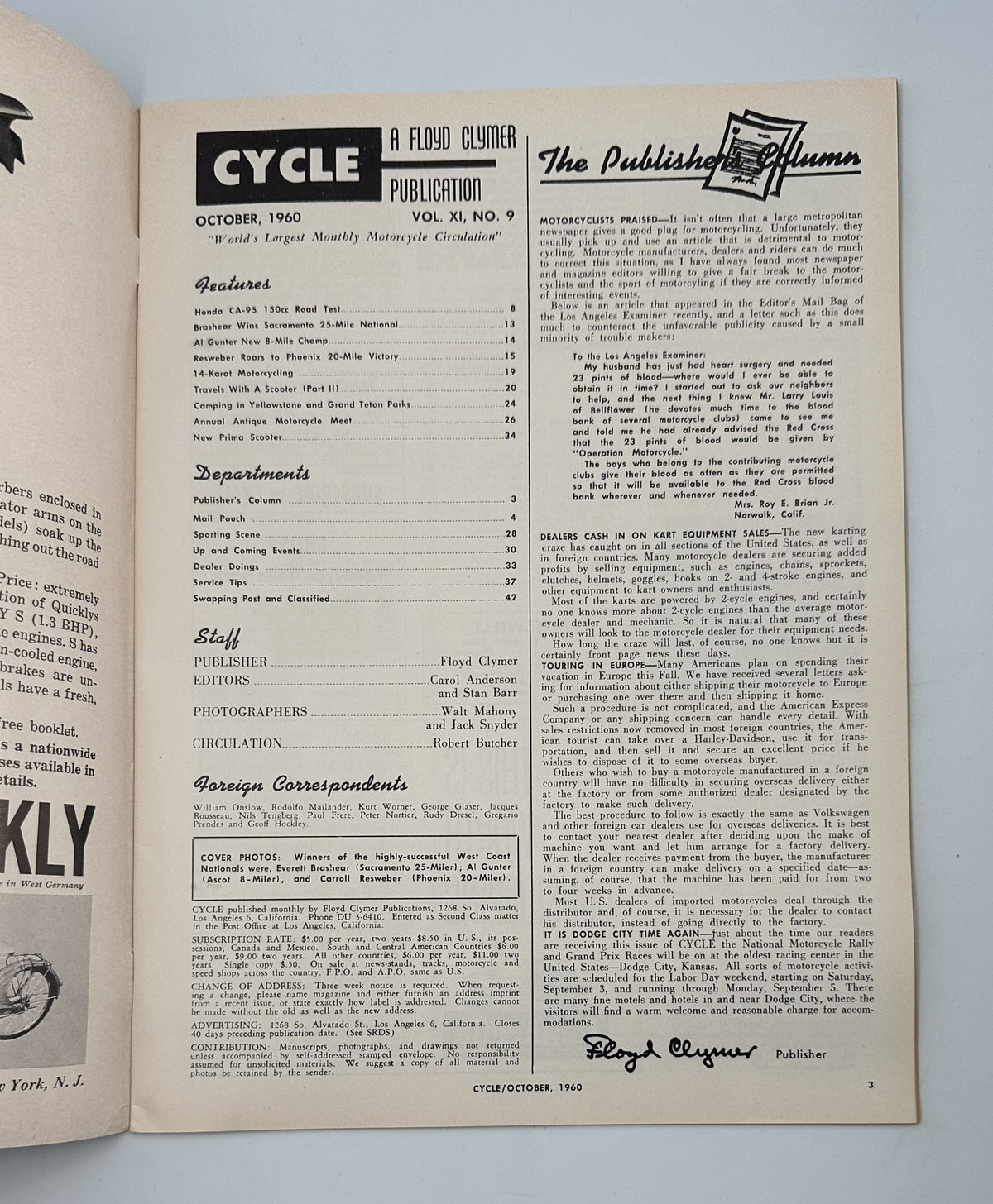 Inside page of Cycle Magazine October 1960, includes the publisher's column and table of contents.