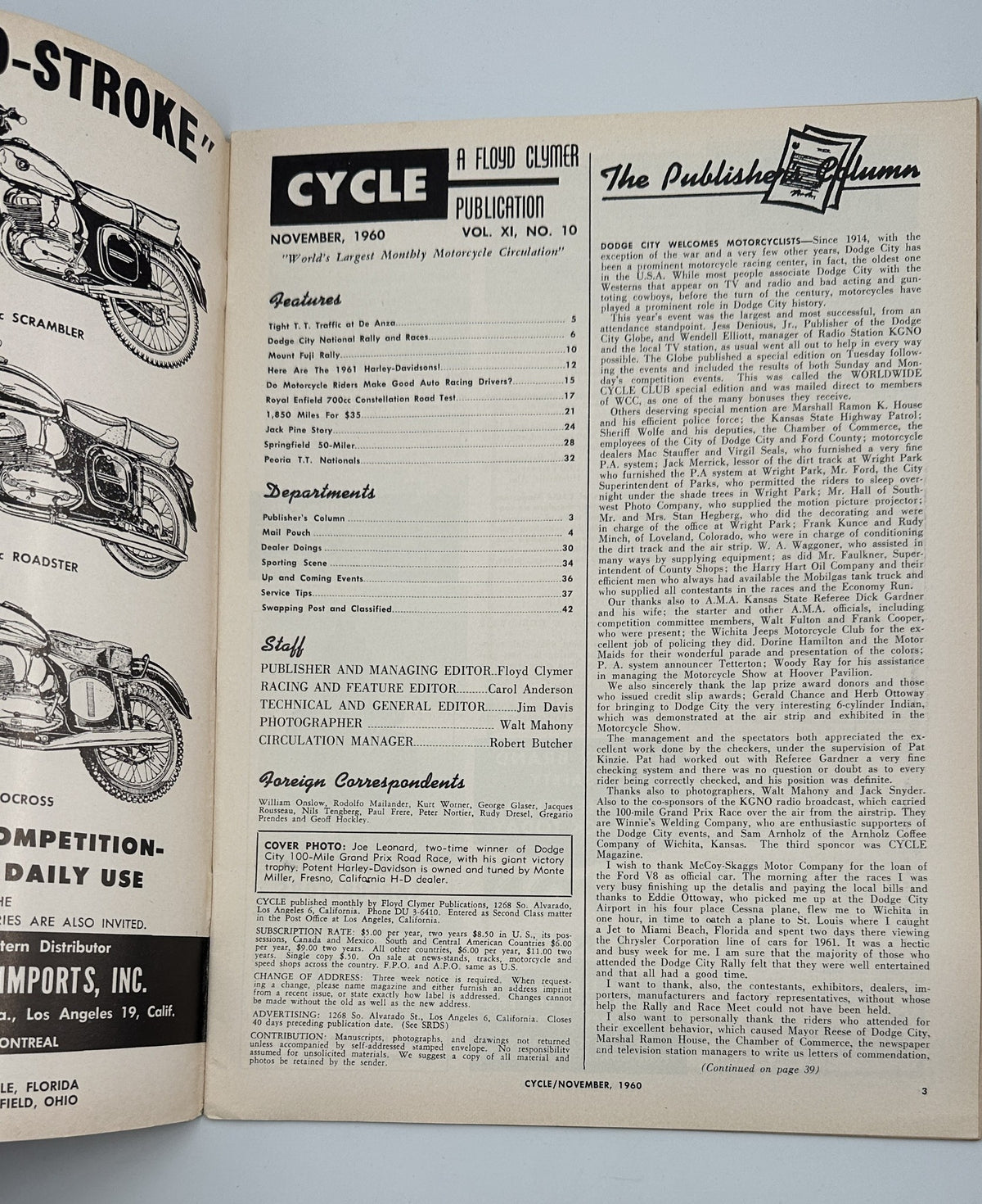 Inside page of Cycle Magazine November 1960, displaying the table of contents and publisher information, including features like the Royal Enfield road test and Springfield 50-Miler.