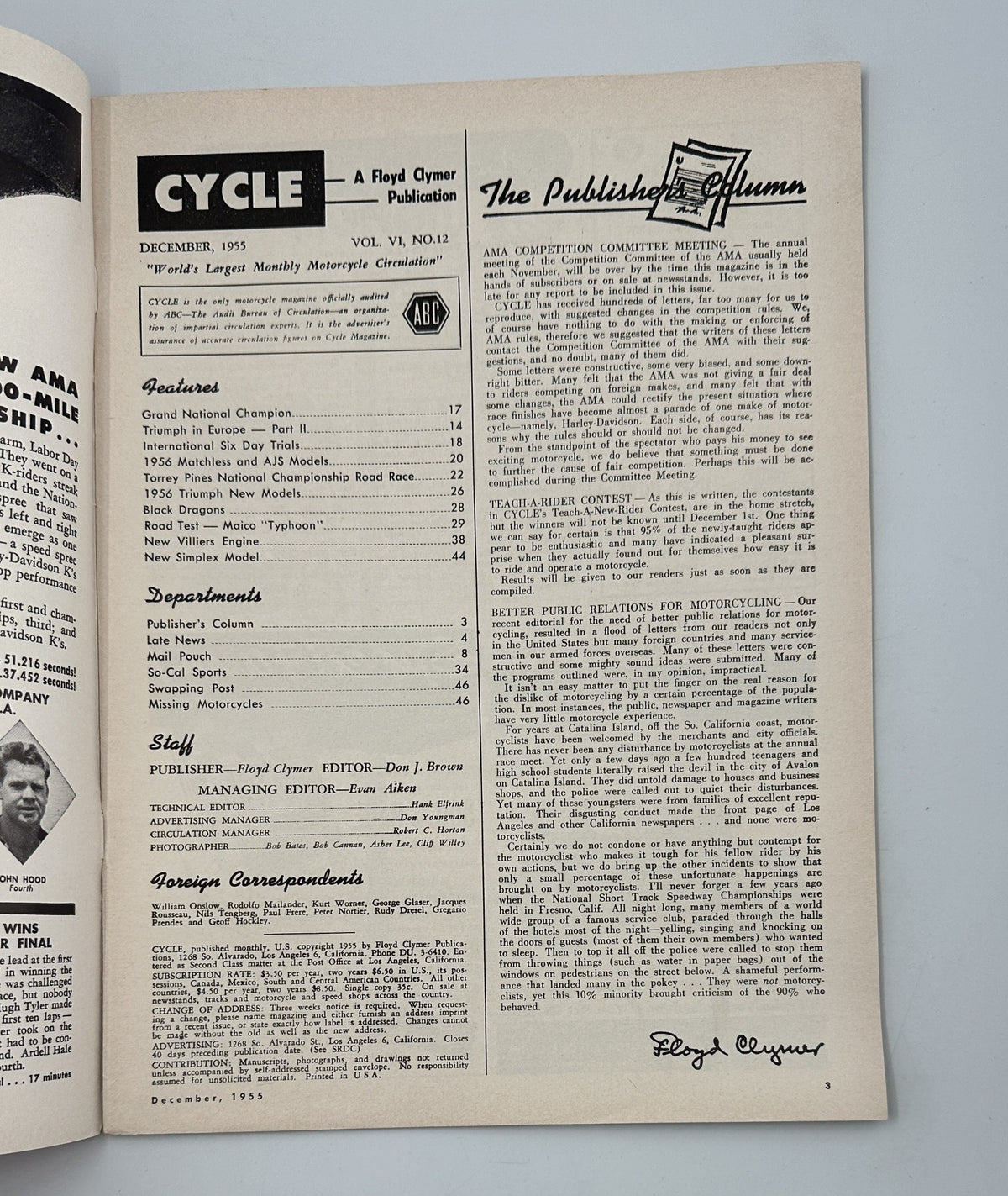 Inside page of Cycle Magazine December 1955 showcasing the Publisher's Column, with details on motorcycle news and events. The page features the title 'CYCLE' in bold at the top and is dated December 1955.