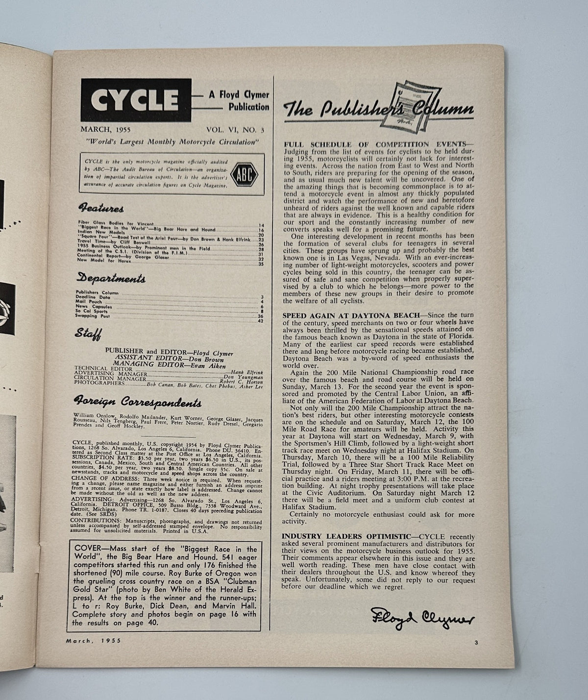 Cycle Magazine March 1955, The Publisher's Column page, includes insights and announcements from Floyd Clymer, highlighting competitions and industry news.