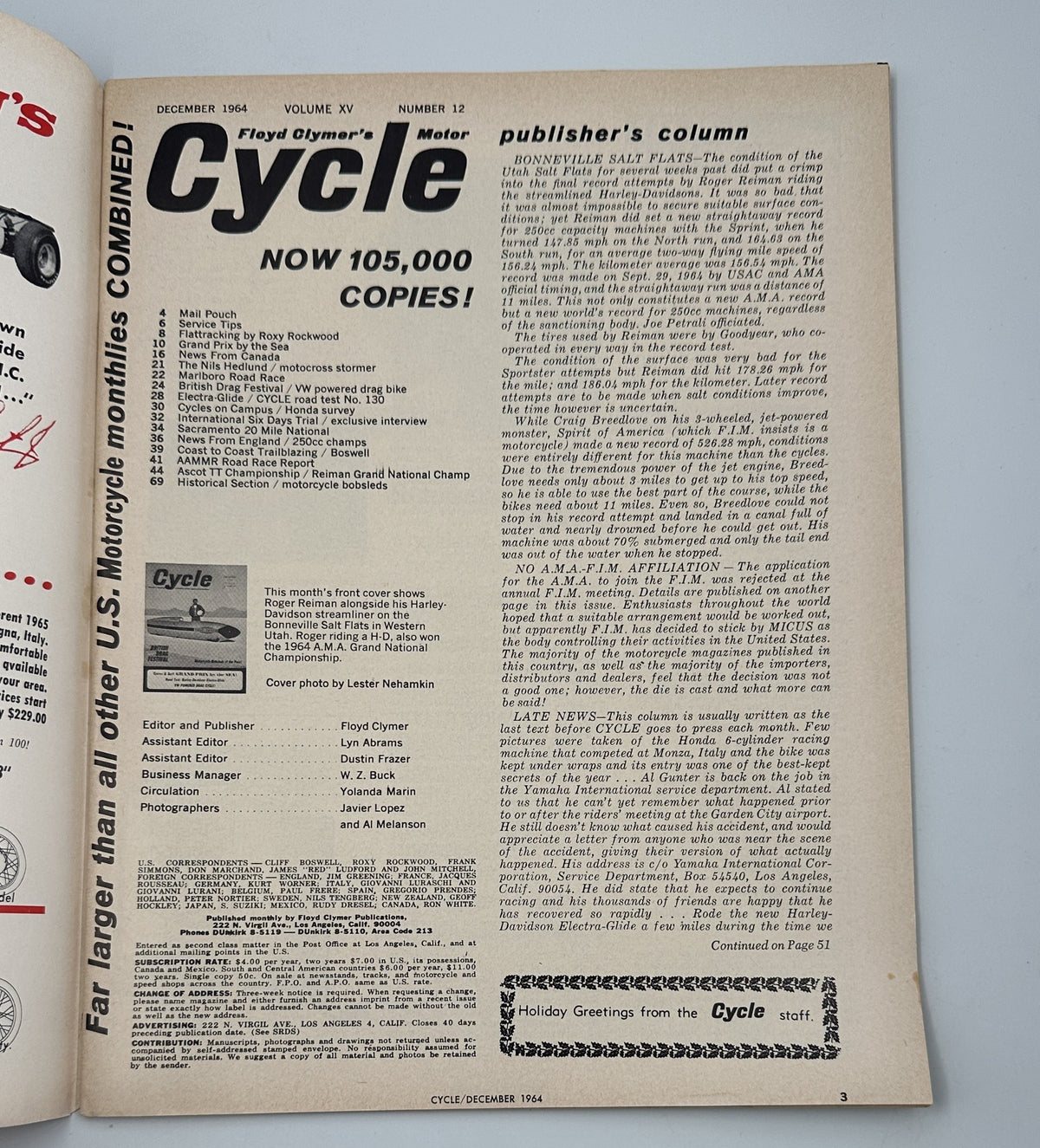 Interior page of Cycle Magazine December 1964, showing the Table of Contents including features like British Drag Festival and publisher's remarks.