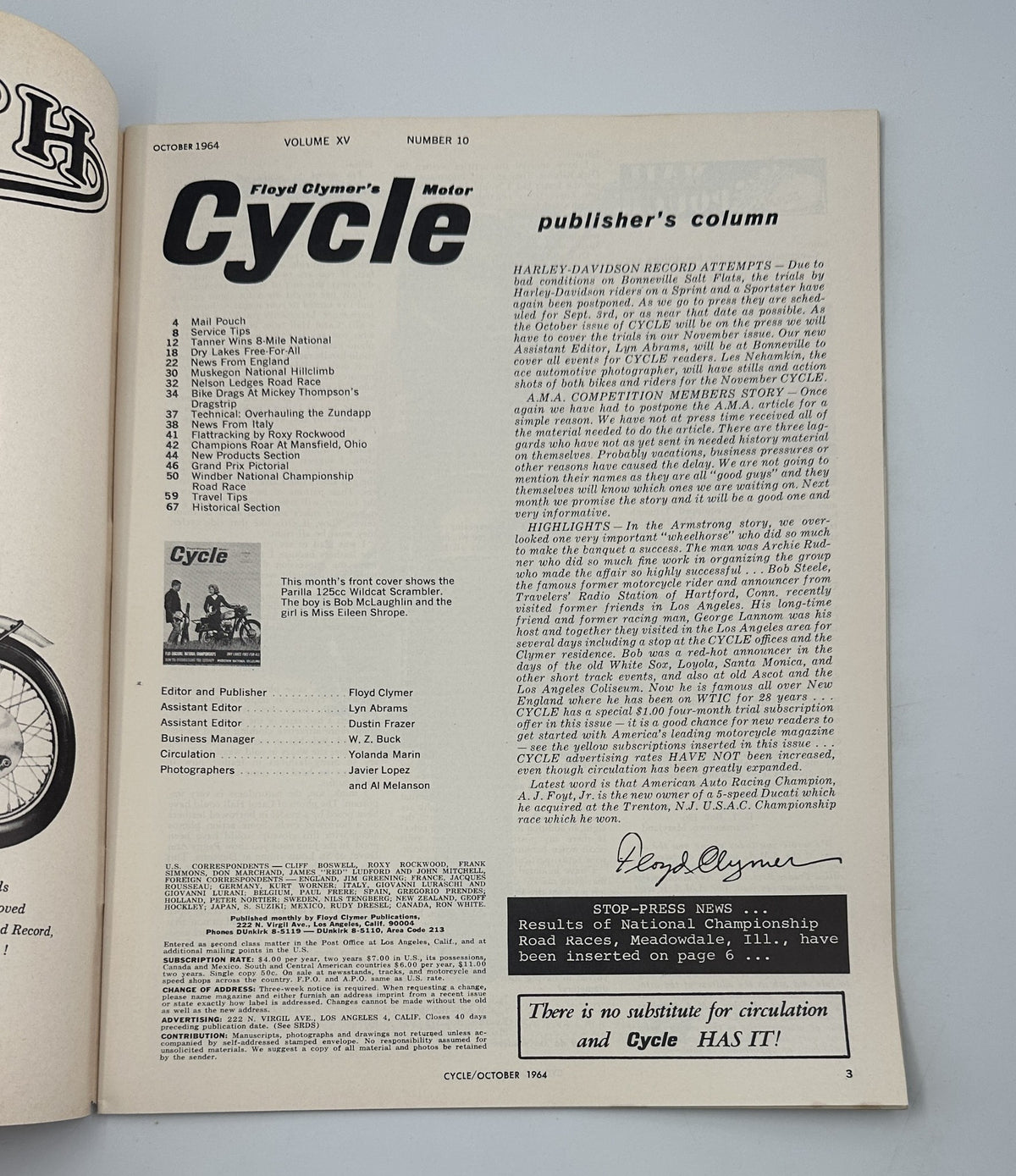 Inside page of Cycle Magazine October 1964 displaying the Table of Contents including features like Flat-Tracking: National Championships.