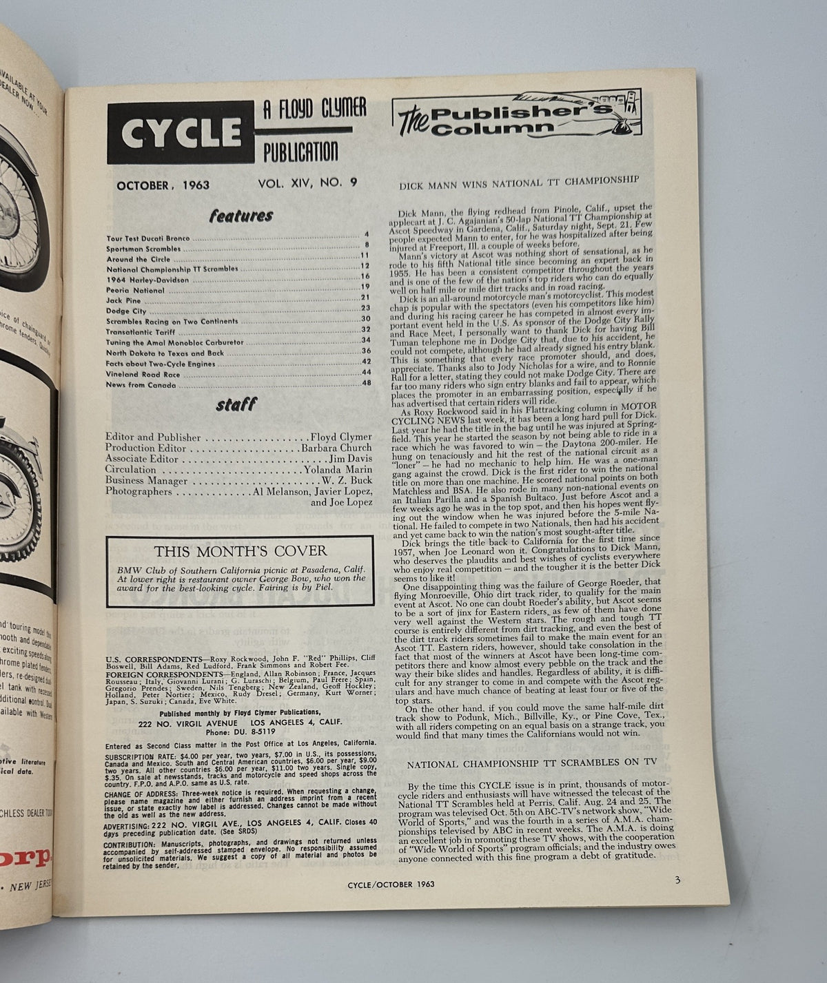 Cycle Magazine October 1963, inside page showing table of contents and editorial columns, emphasizing motorcycle racing events and features.