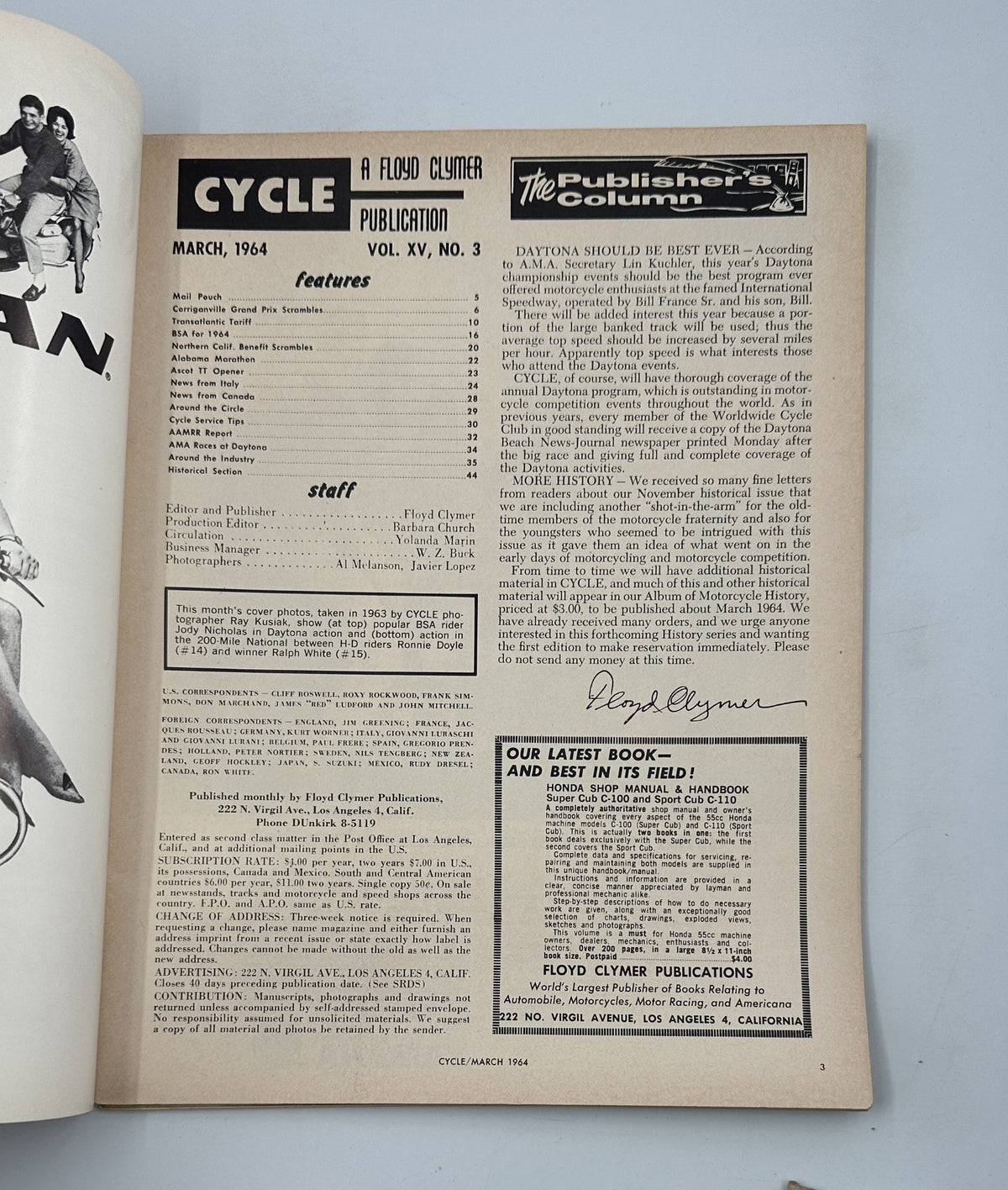 Table of contents page from Cycle Magazine March 1964, outlining features like Corriganville Grand Prix Scrambles and other motorcycle racing events, with editorial notes from Floyd Clymer.