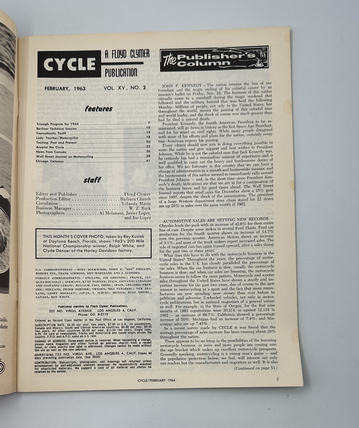 Interior page of Cycle Magazine February 1964, displaying the Table of Contents and editorial details of the magazine.