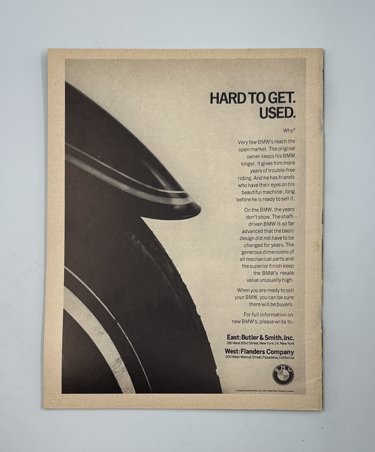 Advert from Cycle Magazine February 1964 for BMW motorcycles, emphasizing their rarity and unique features.