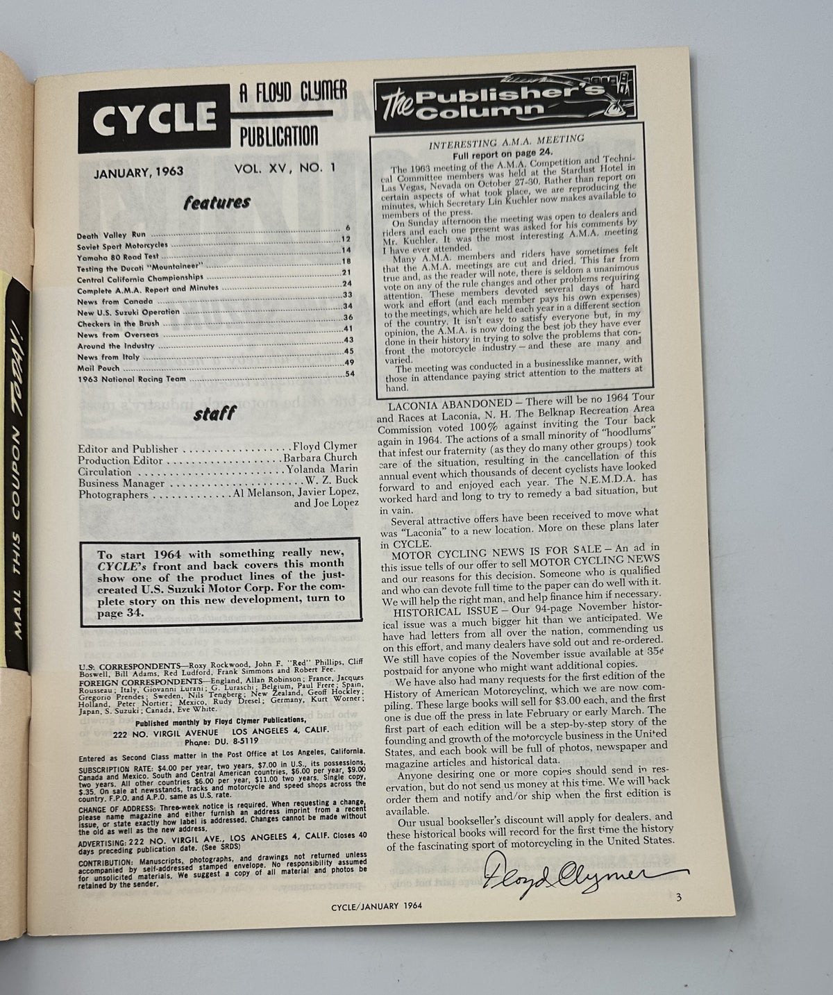 Inside page of Cycle Magazine January 1964 showing publisher details and sections including interesting A.M.A. Meeting, signed by Floyd Clymer.