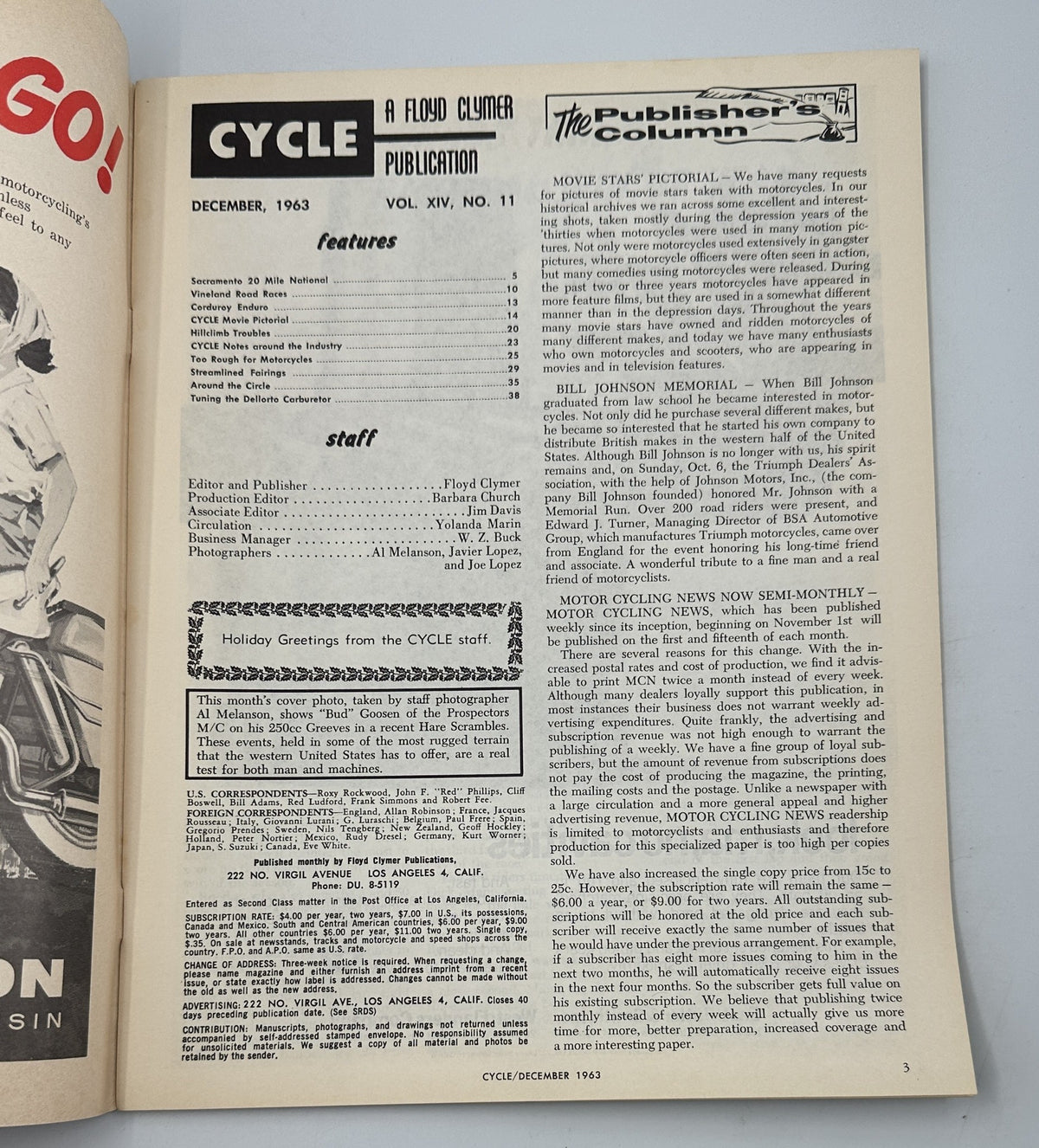 Cycle Magazine December 1963 inside page displaying the table of contents, highlighting features such as Corduroy Enduro and Movie Pictorial.