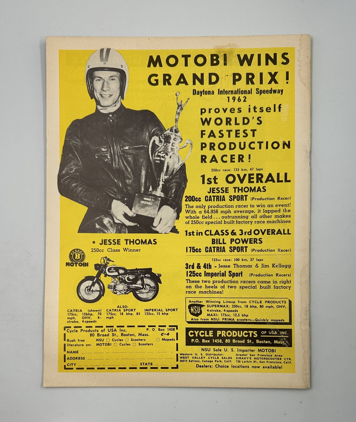 Cycle Magazine April 1962 Special Daytona Issue celebrating Jesse Thomas's victory at the Daytona International Speedway, highlighting his achievements and awards in motorcycle racing.
