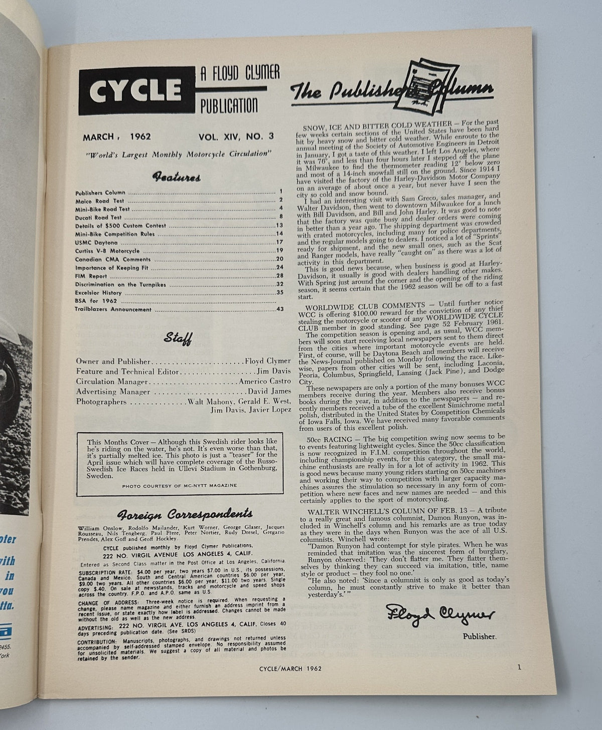 Inside page of Cycle Magazine March 1962 displaying the Table of Contents, featuring various motorcycle road tests and articles related to motorcycle culture.