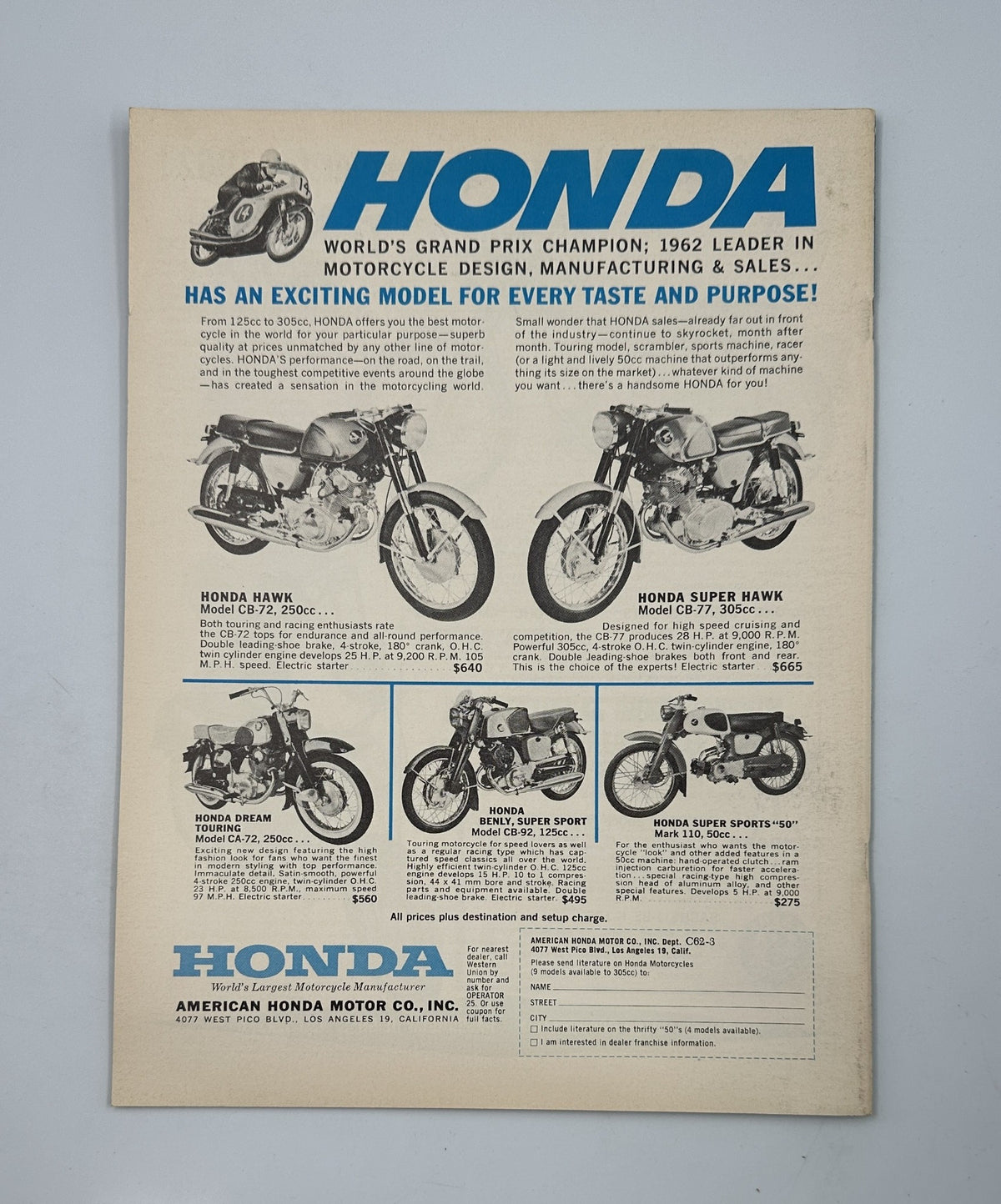 Back cover of Cycle Magazine March 1962 advertising Honda motorcycles, emphasizing the brand's leadership in motorcycle design and sales.