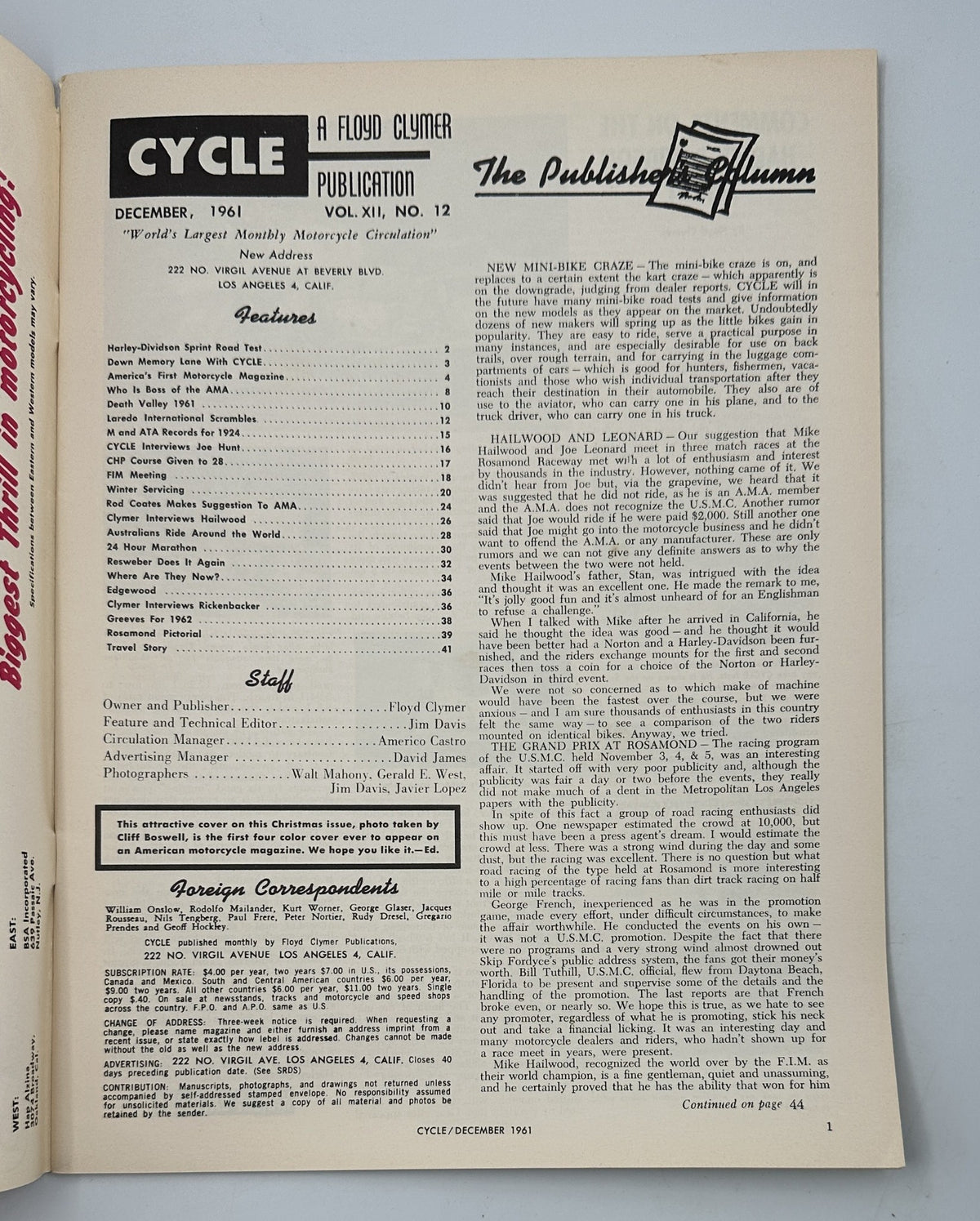 Inside page of Cycle Magazine December 1961, detailing publication information and features, including contributions from notable motorcycle writers.