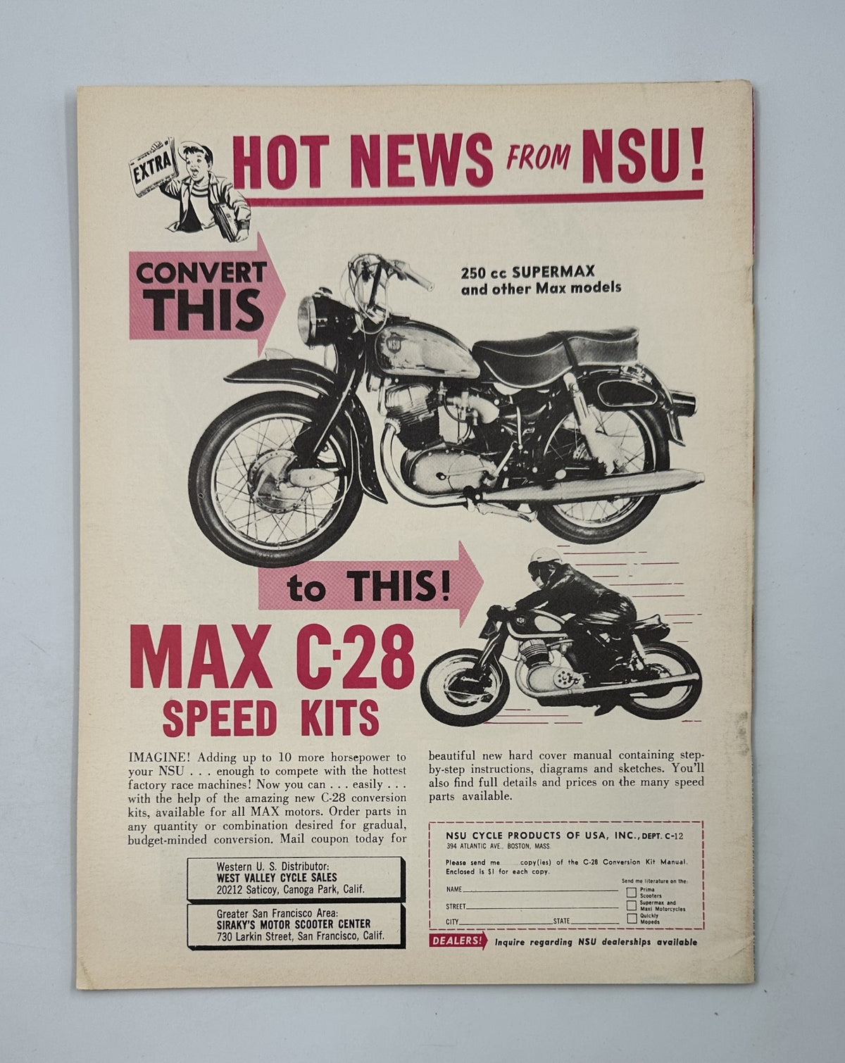 Advertisement in Cycle Magazine December 1961 for NSU motorcycles, highlighting speed kits for the Max C-28 model with promotional imagery.