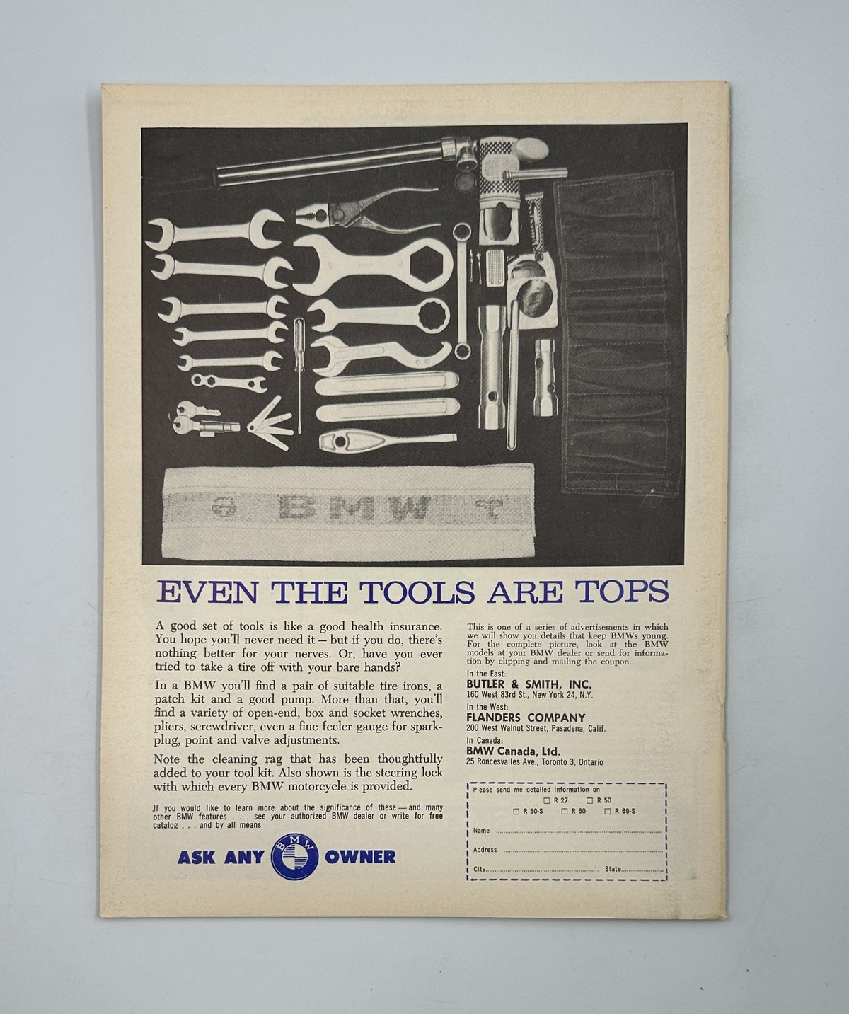 Advertisement from Cycle Magazine November 1961 showcasing BMW motorcycle tools and accessories with the tagline 'Even The Tools Are Tops'. A glimpse into motorcycle maintenance.