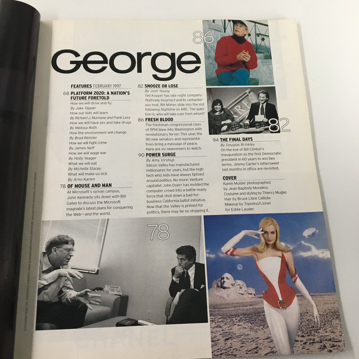 Table of contents page from George Magazine February 1997, highlighting features about politics and technology. A notable issue showcasing influential figures.