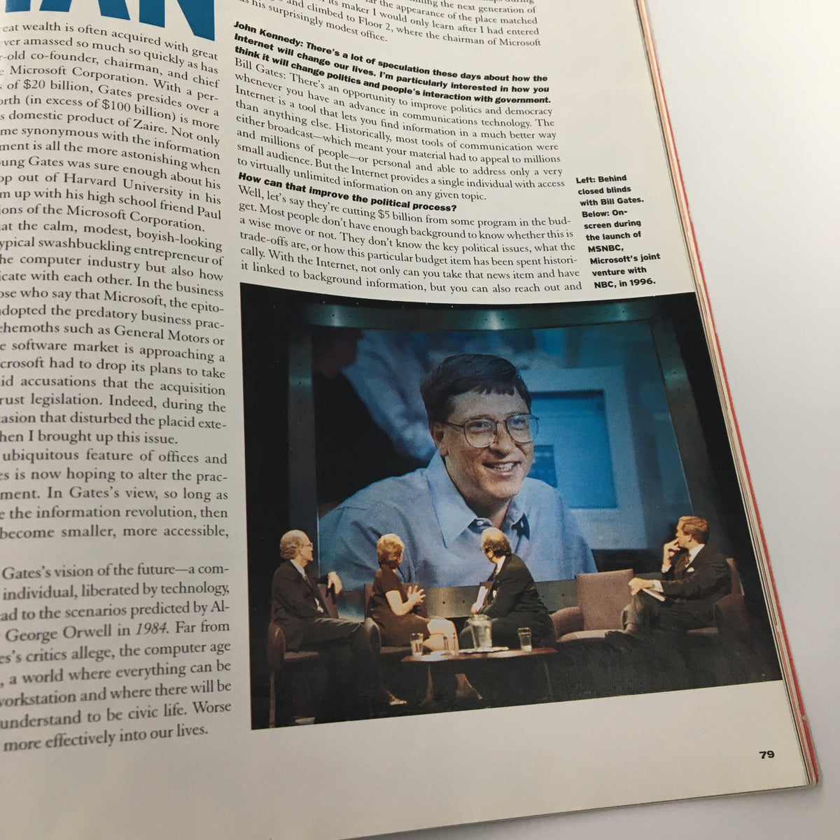 Close-up of Bill Gates in George Magazine February 1997, participating in a discussion about technology's role in politics and society.