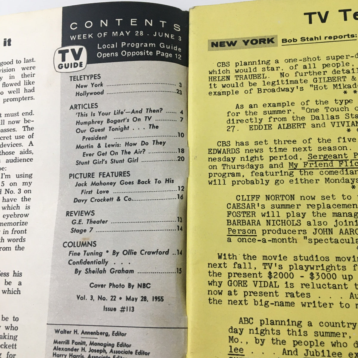Contents page of TV Guide Magazine May 28, 1955, featuring articles and highlights from the week, including details on Ralph Edwards' television presence.