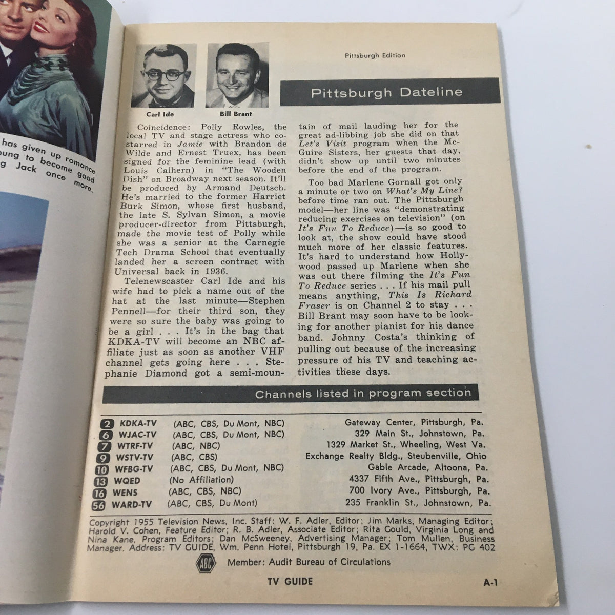 Interior page of TV Guide Magazine May 28 1955 featuring Pittsburgh Dateline with profiles of Carl Ide and Bill Brant, highlighting television history.