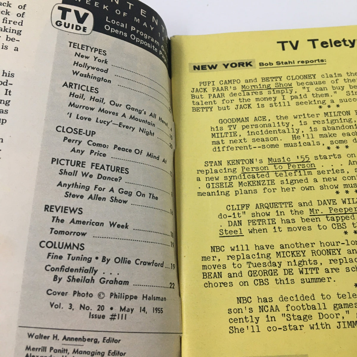 Inside page of the TV Guide Magazine May 14, 1955 featuring articles, teletype sections, and a focus on Perry Como, highlighting television content from the Pittsburgh Edition.
