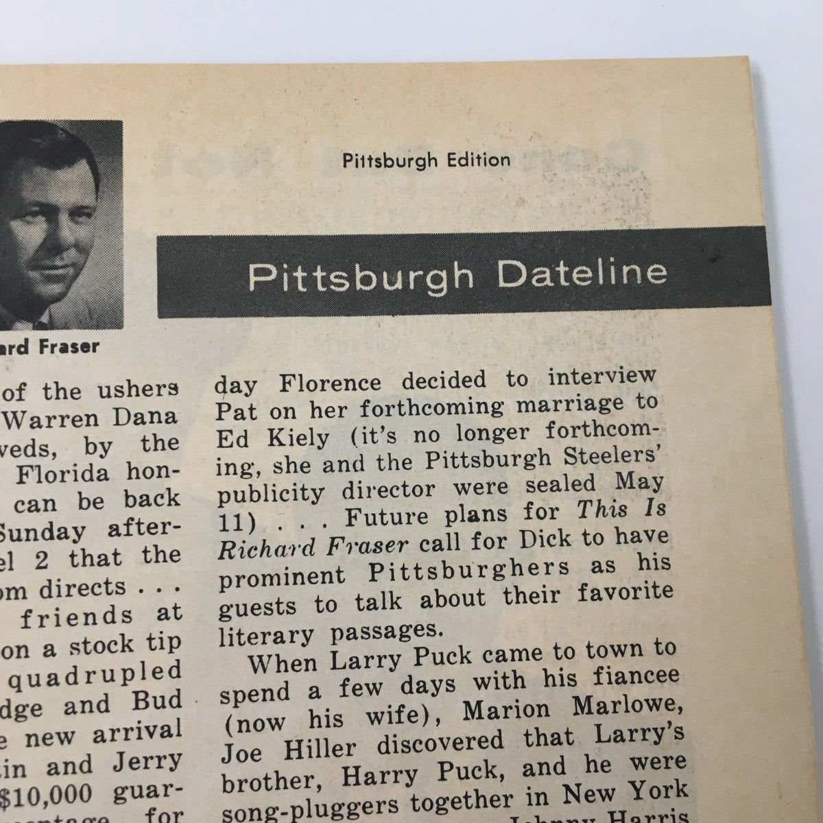 Another inside page of the TV Guide Magazine May 14, 1955, presenting the Pittsburgh Dateline with a photograph and article concerning local television personalities and events.
