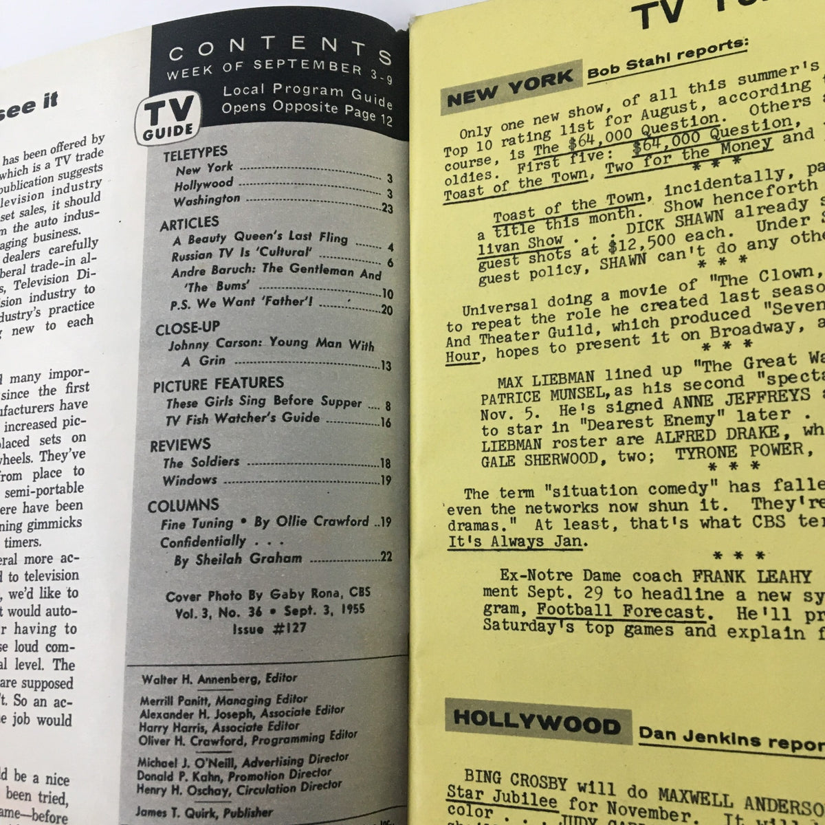 Contents page of TV Guide Magazine September 3 1955 highlighting articles, features, and program listings, showcasing the mid-50s television landscape.