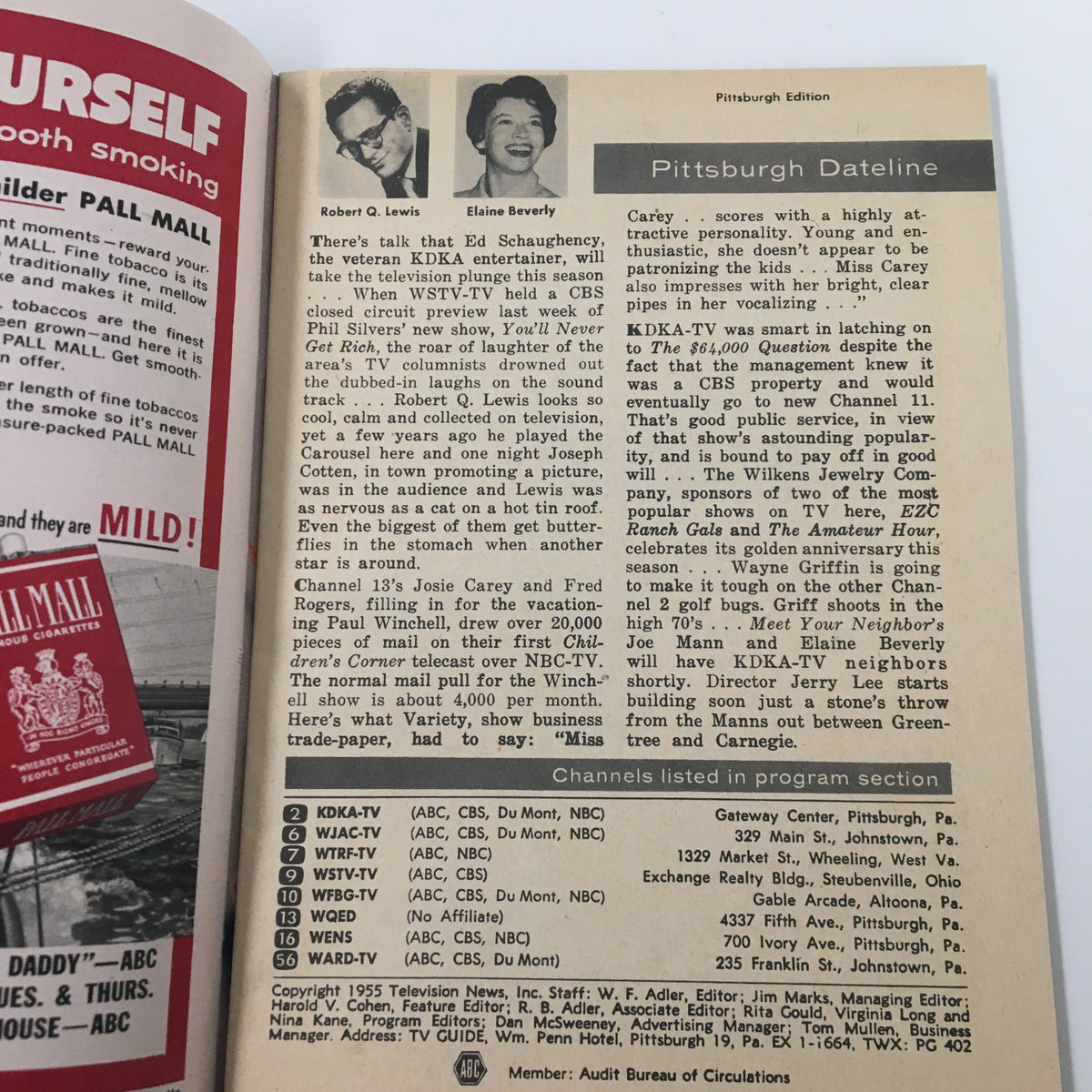 Interior page of TV Guide Magazine September 3 1955 featuring Pittsburgh Dateline with personalities Robert Q. Lewis and Elaine Beverly, discussing television programming and showcasing local channels.