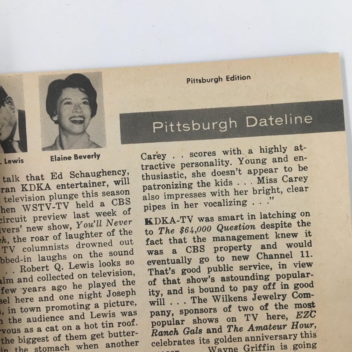 Close-up of the Pittsburgh Dateline section in TV Guide Magazine September 3 1955, highlighting entertainers Robert Q. Lewis and Elaine Beverly, along with details on television shows and local channels.