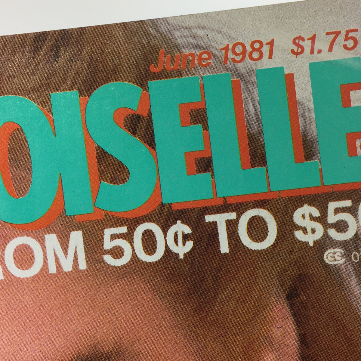 Close-up of the title on the cover of VTG Mademoiselle Magazine: June 1981, emphasizing the vibrant colors and pricing details.
