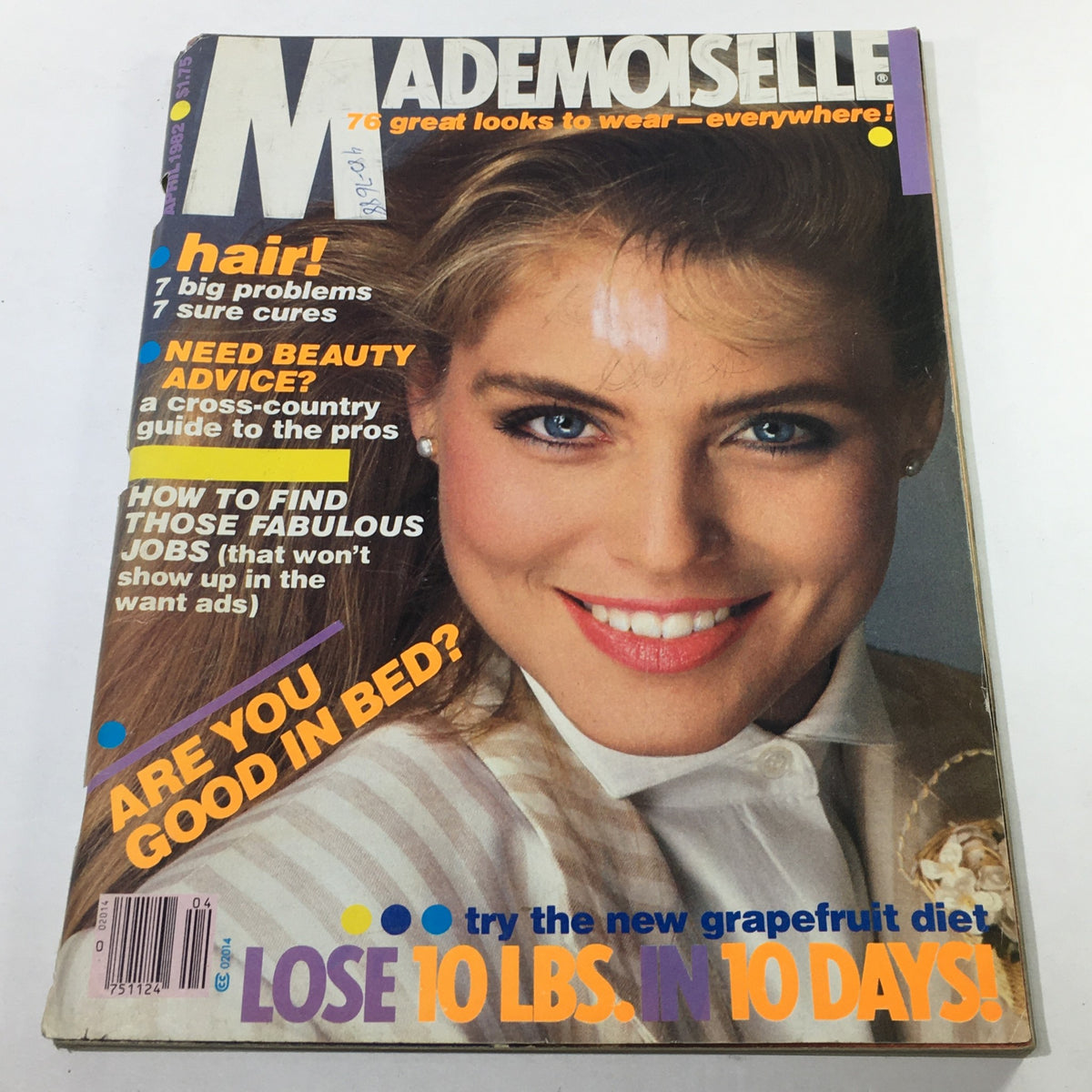 Cover of VTG Mademoiselle Magazine from April 1982 featuring a smiling model with striking blue eyes and stylish hair, highlighting beauty advice and fashion trends.
