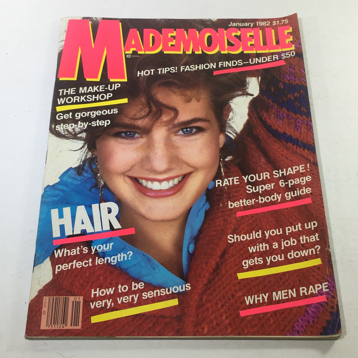 Cover of VTG Mademoiselle Magazine: January 1982 featuring a smiling model with curly hair, showcasing early 80s fashion. Highlights include 'HOT TIPS! FASHION FINDS - UNDER $50' and articles on beauty and self-care.
