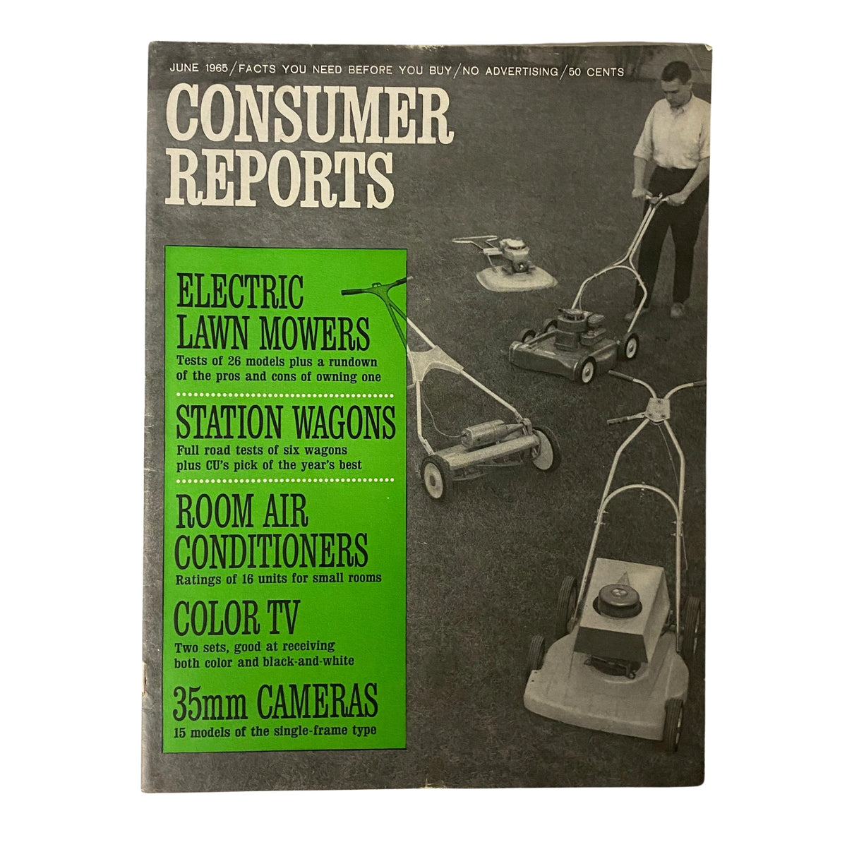 Cover of Consumer Reports Magazine June 1965 featuring electric lawn mowers, station wagons, room air conditioners, color TV, and 35mm cameras. The magazine highlights evaluations of 26 electric lawn mower models and related consumer topics.