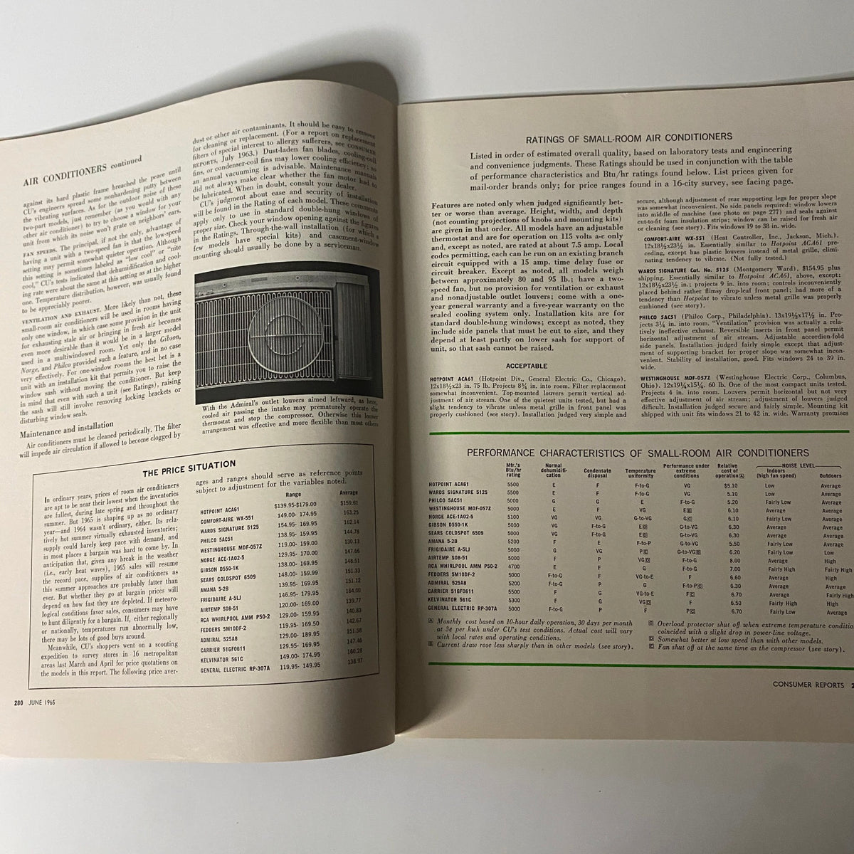 Two-page spread from Consumer Reports Magazine June 1965, detailing ratings of small-room air conditioners, their performance characteristics, and price situation. The pages emphasize consumer product testing and evaluations from that era.