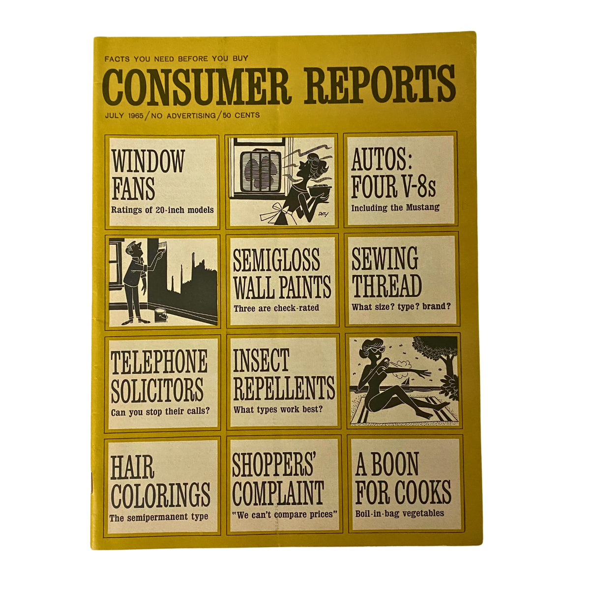 Cover of Consumer Reports Magazine July 1965, featuring articles on window fans, automotive evaluations, and household products with a vintage graphic design.