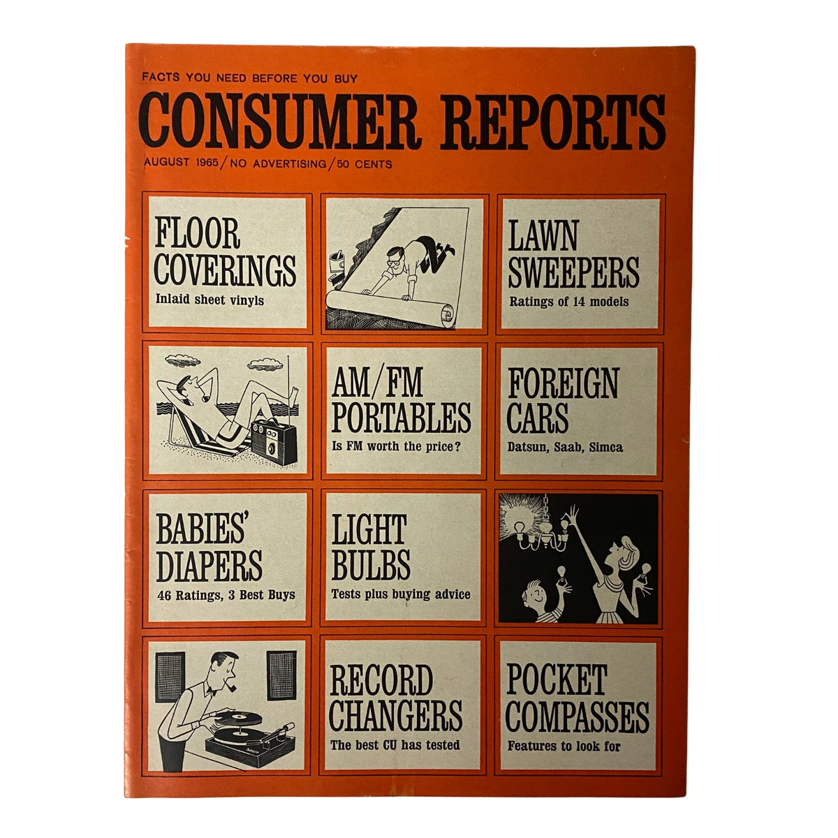 Cover of Consumer Reports Magazine, August 1965, featuring topics such as Floor Coverings, AM/FM Portables, and Foreign Cars. A valuable vintage reference for home products and consumer insights from the 1960s.