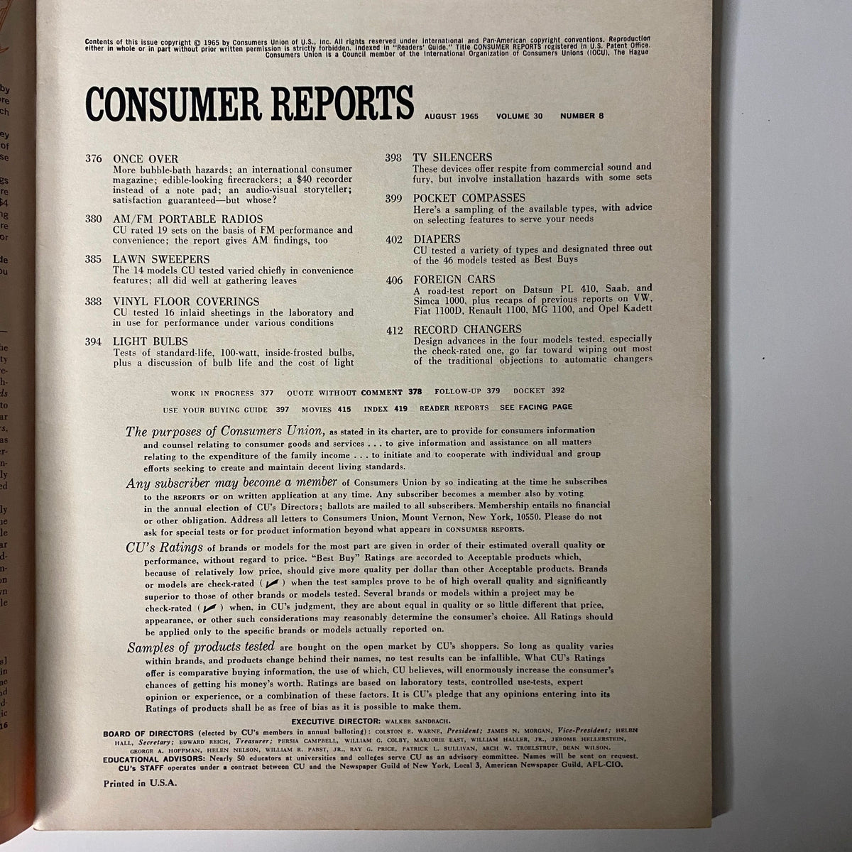 Consumer Reports Magazine August 1965, featuring the table of contents with topics like AM/FM portable radios, lawn sweepers, and vinyl floor coverings.