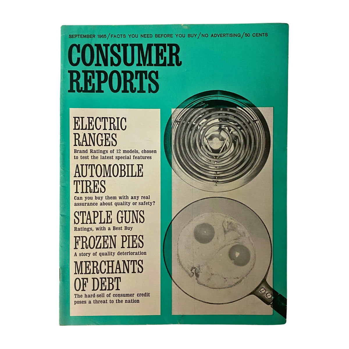 Cover of Consumer Reports Magazine September 1965 featuring electric ranges, automobile tires, staple guns, and frozen pies, highlighting product ratings and consumer advocacy.