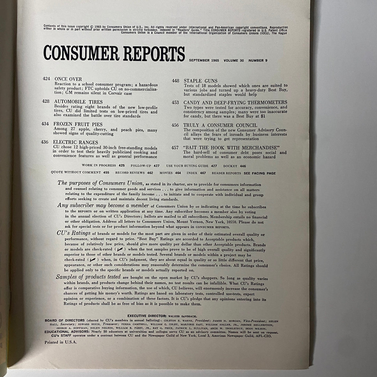 Table of contents of Consumer Reports Magazine September 1965 listing articles on electric ranges, automobile tires, staple guns, and more, emphasizing consumer safety and product evaluations.