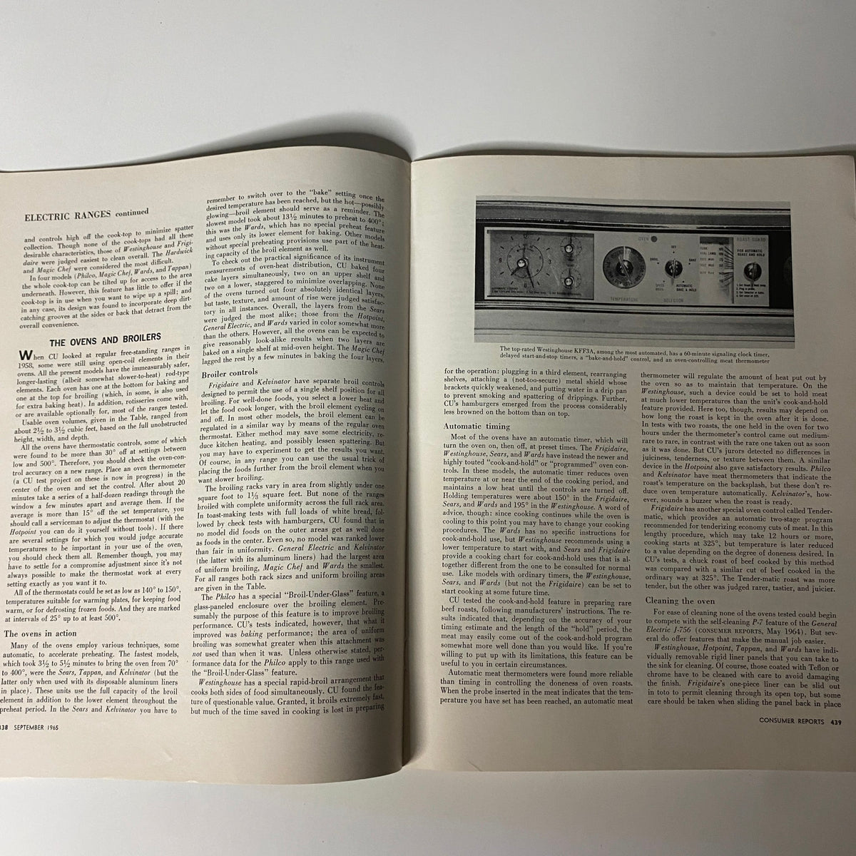 Consumer Reports Magazine September 1965, featuring an article on electric ranges with detailed evaluations and technical information.