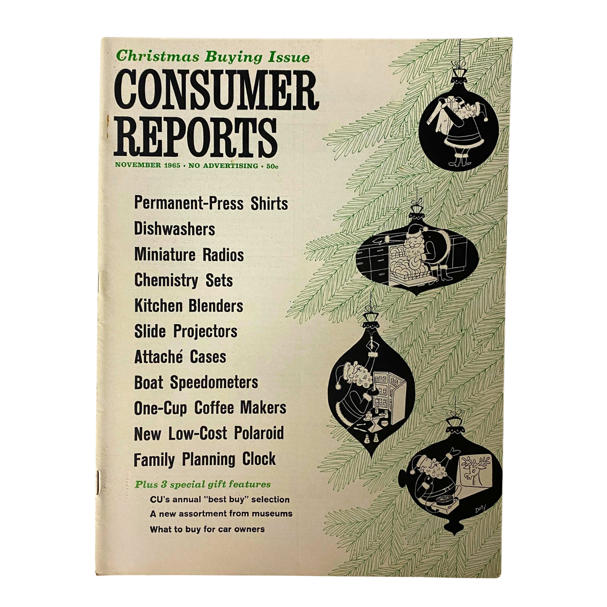Cover of Consumer Reports Magazine November 1965 Christmas Buying Issue featuring product recommendations including permanent-press shirts and dishwashers.