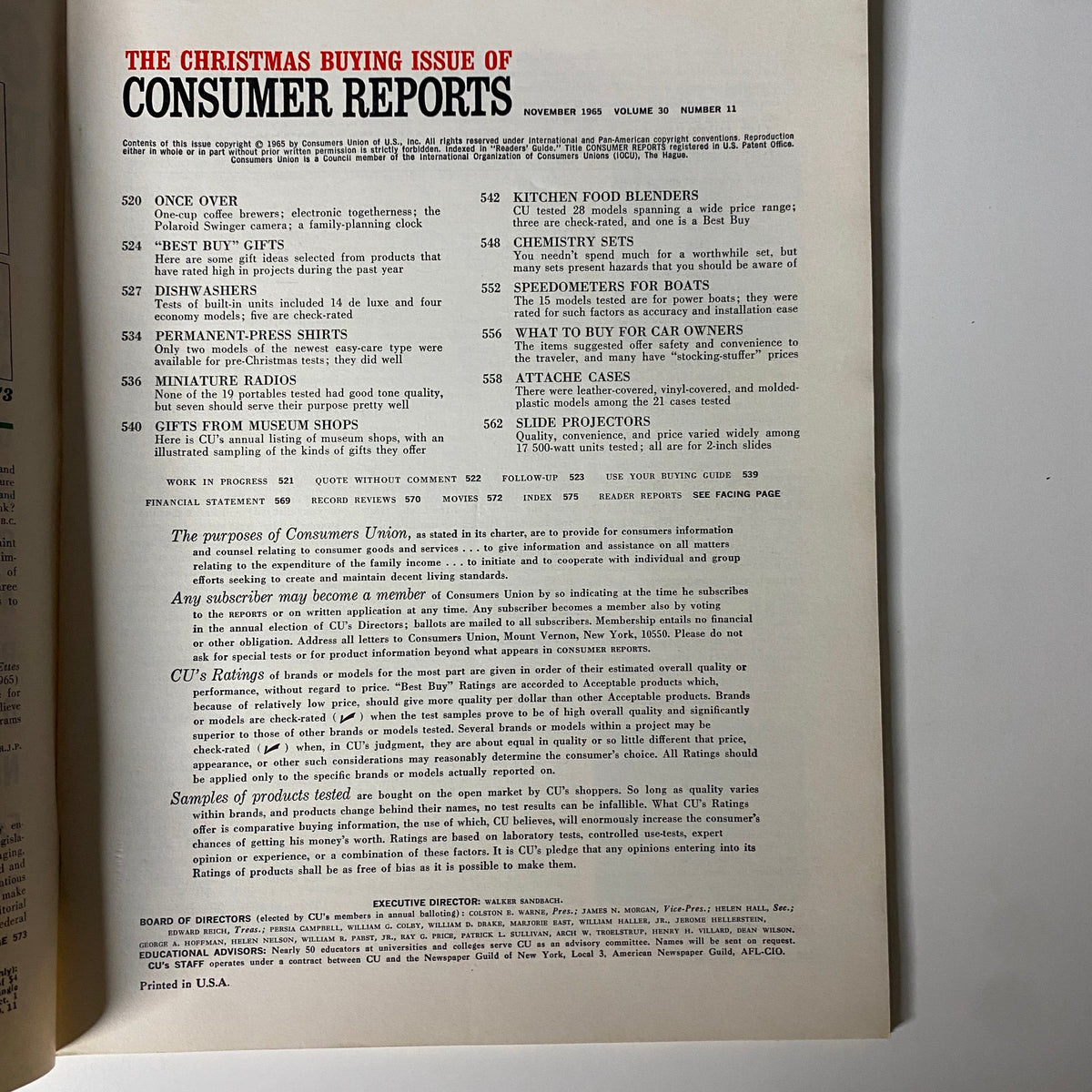 Interior page of Consumer Reports Magazine November 1965, detailing the Christmas Buying Issue with highlighted product reviews and gift suggestions.