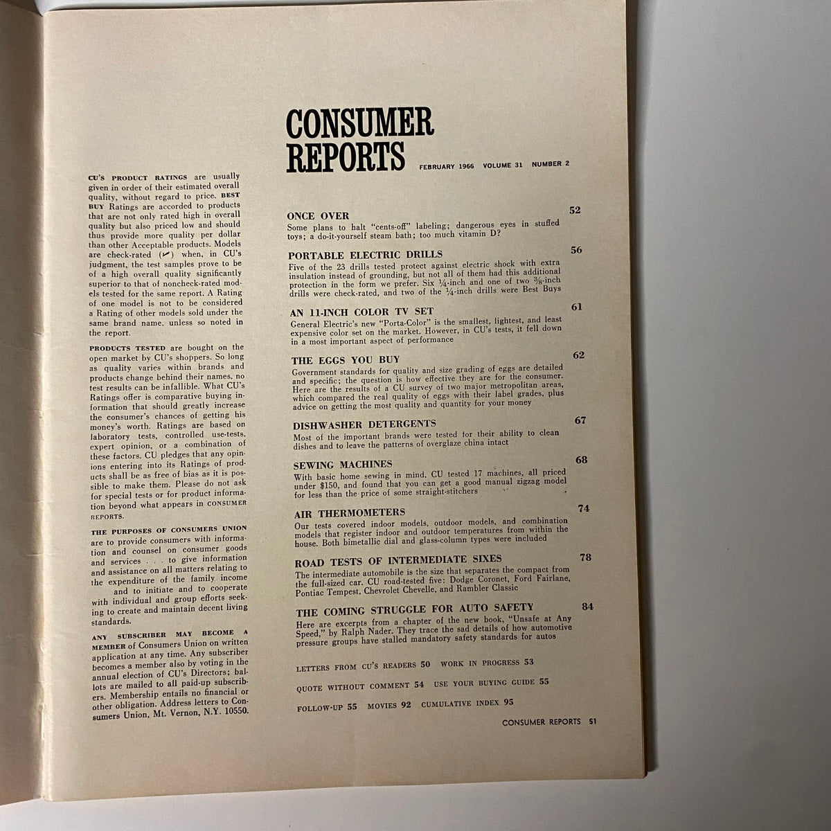 Table of contents page from February 1966 Consumer Reports Magazine outlining articles on portable electric drills, sewing machines, and consumer safety.