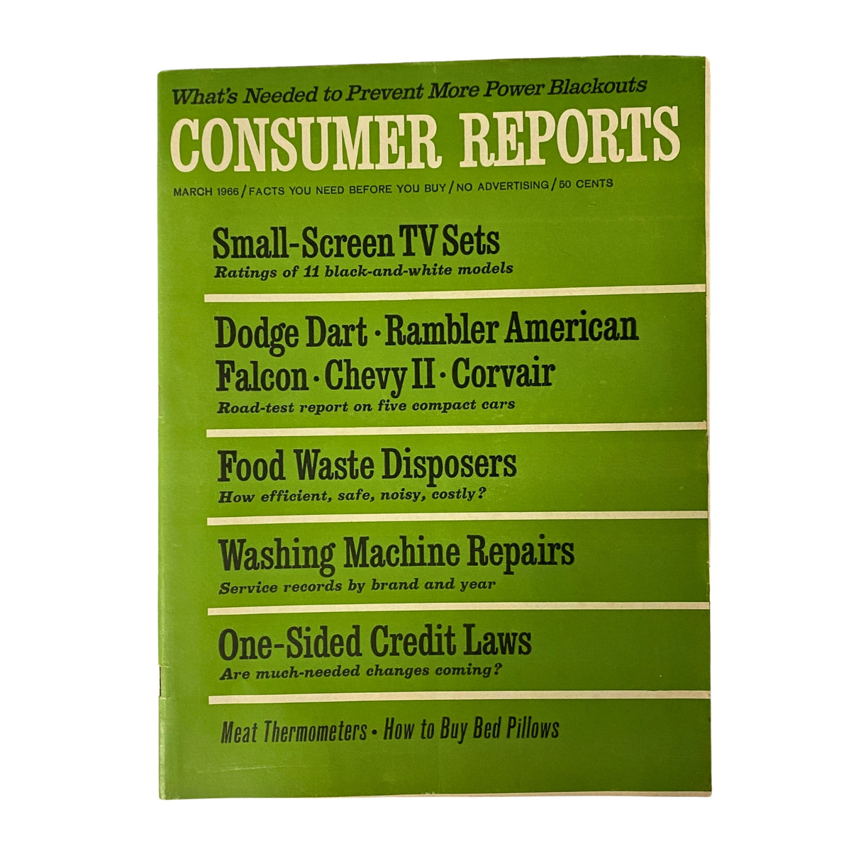 Cover of the March 1966 issue of Consumer Reports magazine featuring small-screen TV sets, Dodge Dart cars, food waste disposers, washing machine repairs, and one-sided credit laws.