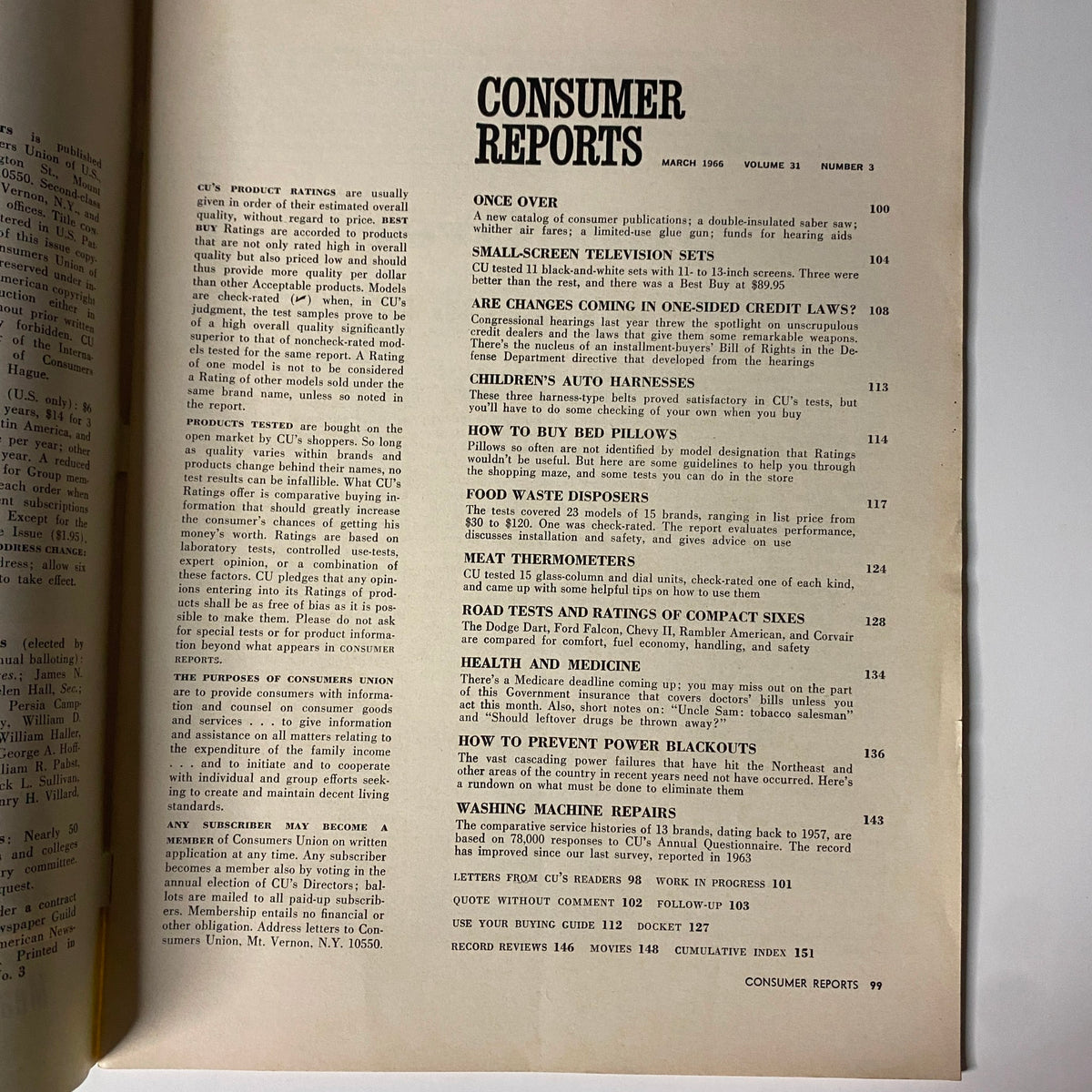 Contents page of the March 1966 Consumer Reports magazine, highlighting articles on small-screen television sets, ratings, child auto harnesses, and food waste disposers.