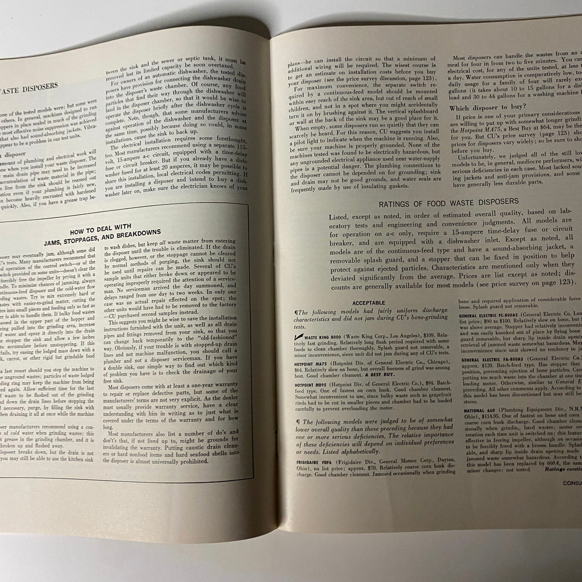 Interior pages of the March 1966 Consumer Reports, discussing food waste disposers, including tips on dealing with jams and stoppages.