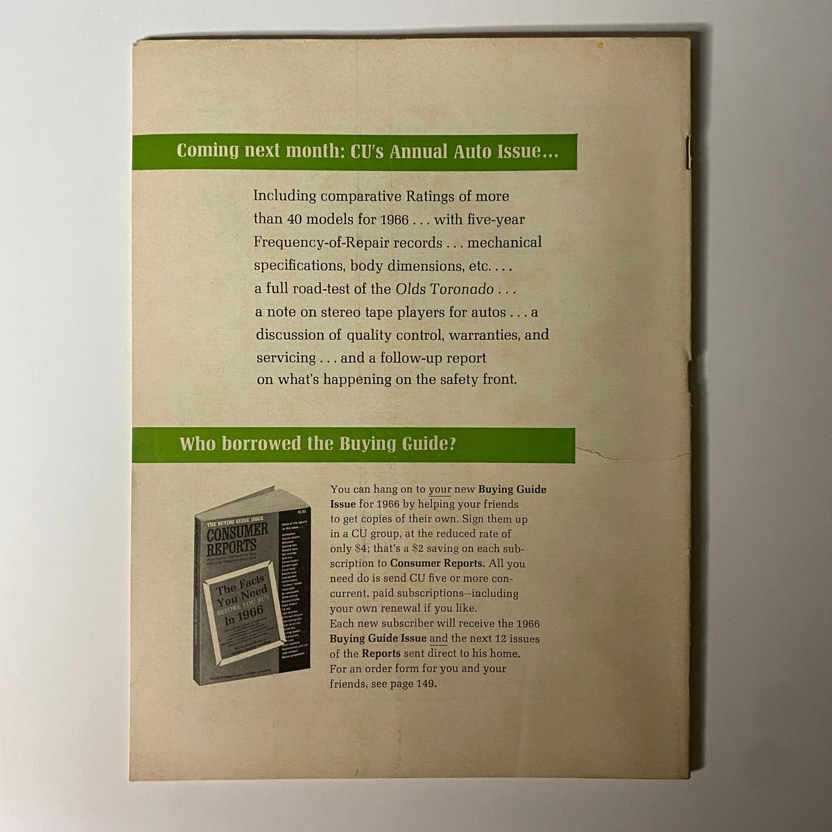 Back cover of the March 1966 Consumer Reports magazine, promoting the next month's issue featuring automotive ratings and information.