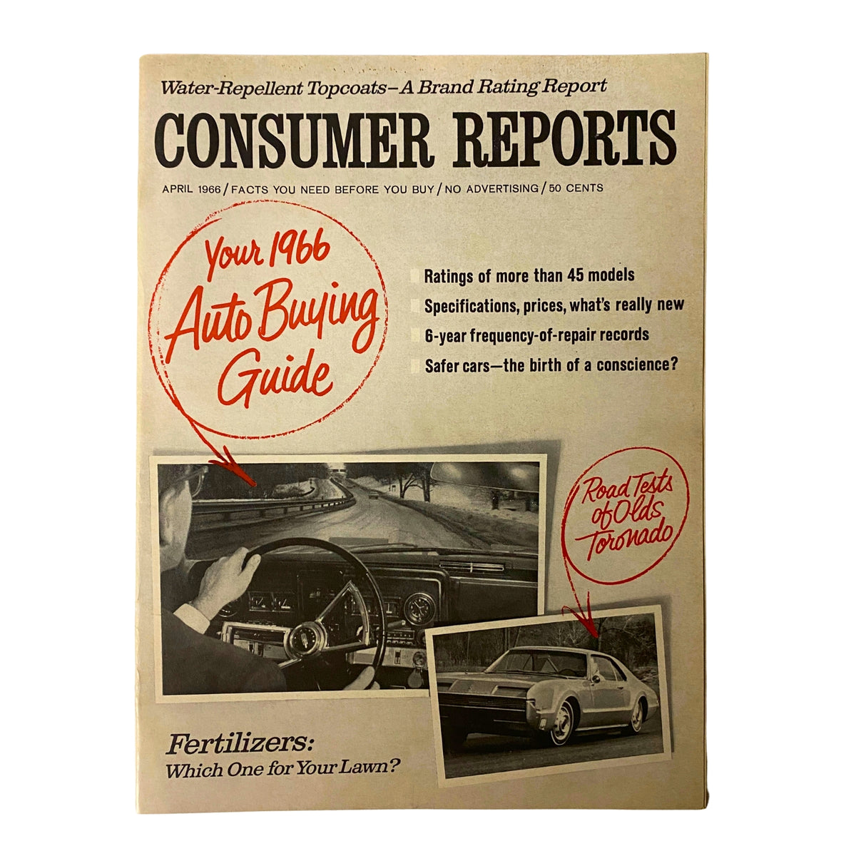 Cover of Consumer Reports Magazine from April 1966 featuring 'Your 1966 Auto Buying Guide', showcasing automotive ratings, specifications, and safety information along with a road test of the Oldsmobile Toronado.