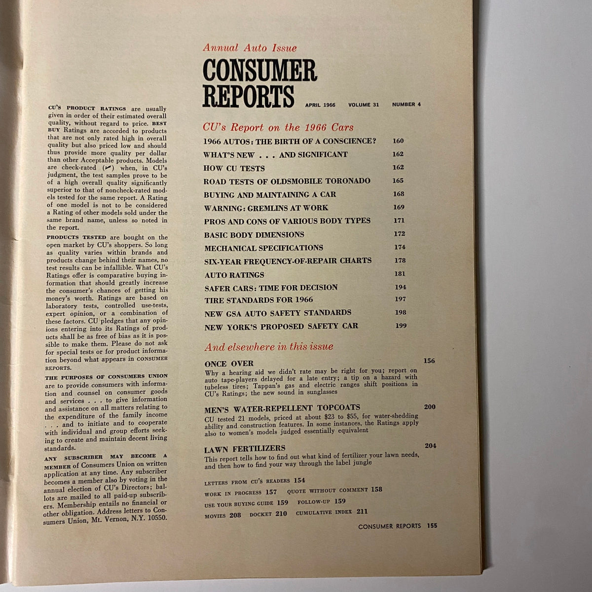 Cover page of Consumer Reports Magazine April 1966 featuring the Annual Auto Issue and articles regarding car ratings and evaluations.